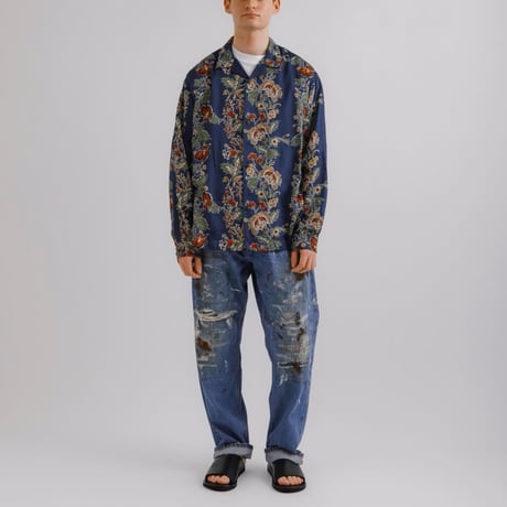 H.UNIT "Flower print open collar long sleeves shirt" (navy) unisex