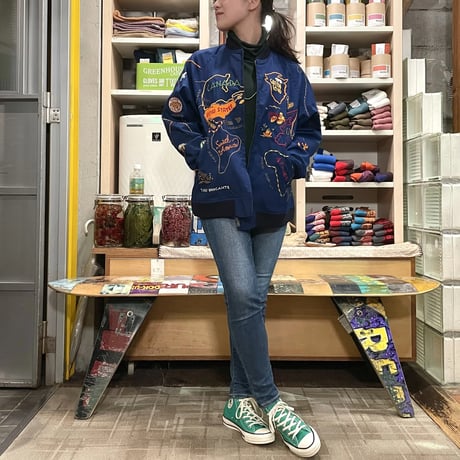 TigreBrocante”world map embroidery souvenir jacket“(indigo nylon)unisex