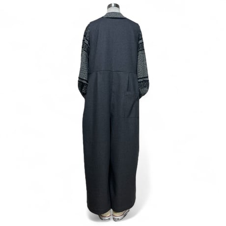 Linen ya"front zip salopette"(gray)women's