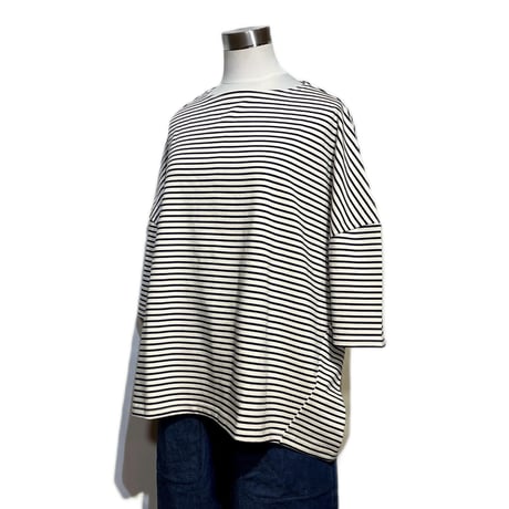 Linen ya"delave quater sleeve border T-shirs"(navy)women's