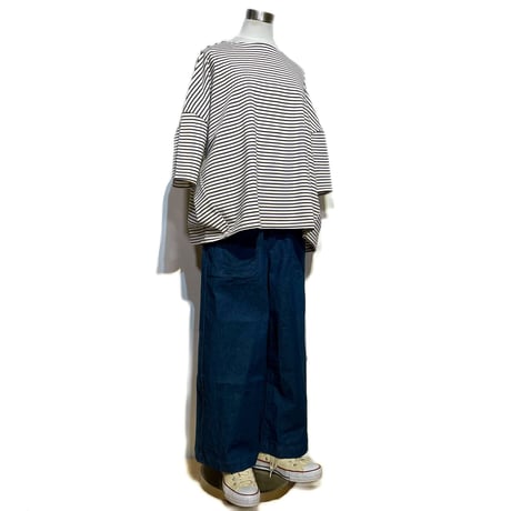 Linen ya"delave quater sleeve border T-shirs"(navy)women's