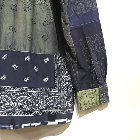 Slow Hands "bandana patch work stand collar shirts"(ice gray asst)unisex-(L)