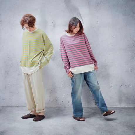 H.UNIT "border jersey stitch long sleevesT"(mustard×blue) unisex