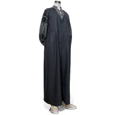Linen ya"front zip salopette"(gray)women's
