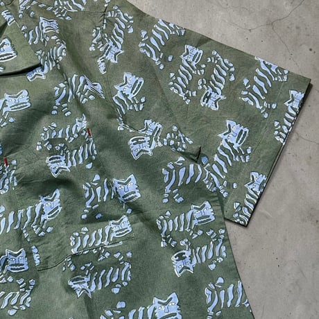 TigreBrocante”block print box shirts“(olive)unisex