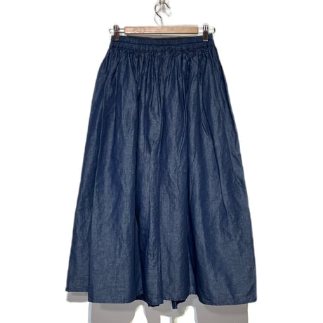 TigreBrocante"cotton linen typewriter long gather skirt"(indigo)women's