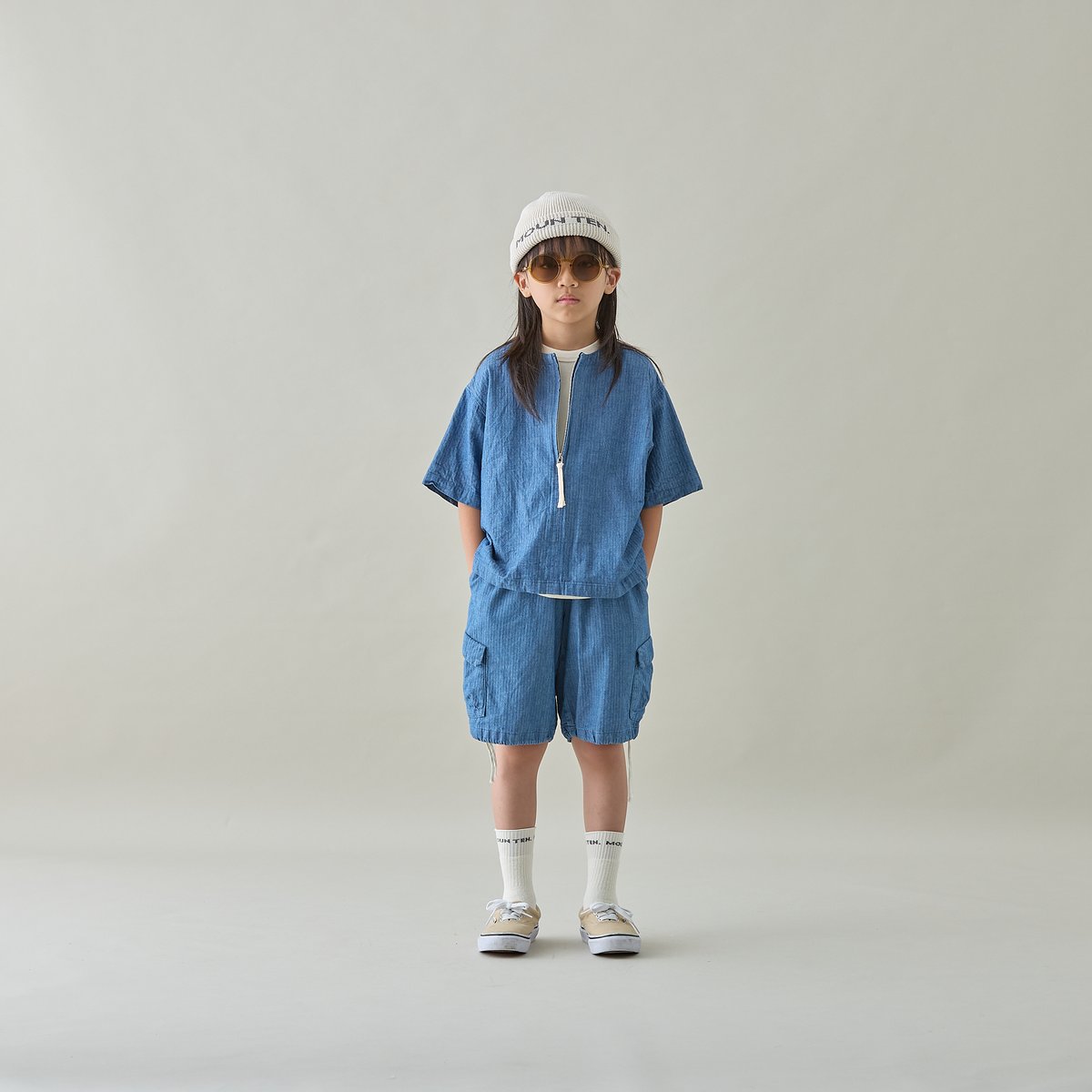 MOUN TEN. / herringbone denim half zip shirt M