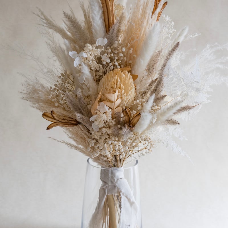 ホワイトベージュ系ドライフラワー花瓶花束【パンパスグラス入り