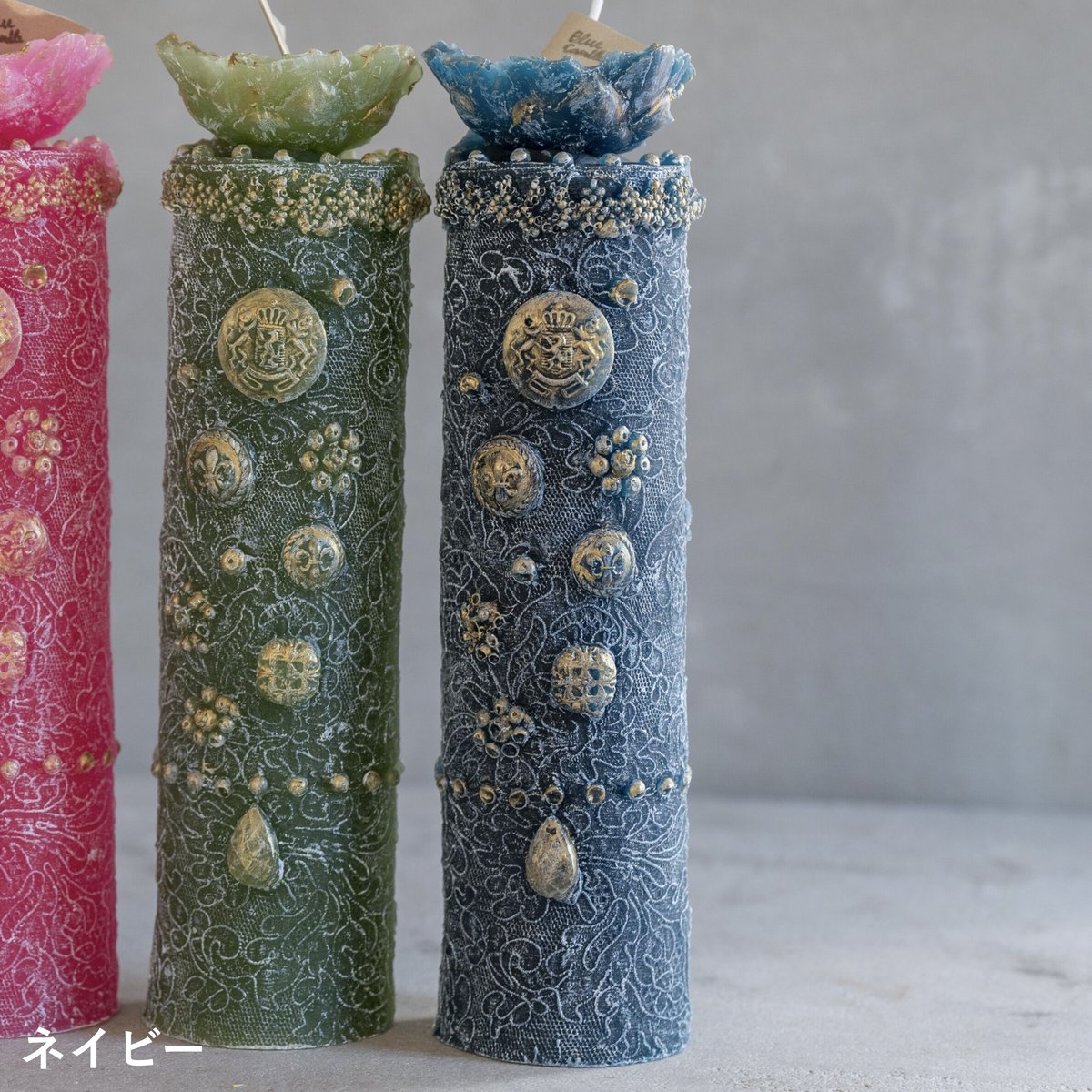 アンティーク ✴︎ レース キャンドル アンティークレースボタン【Blue Candle 】 | ドライフラワーと