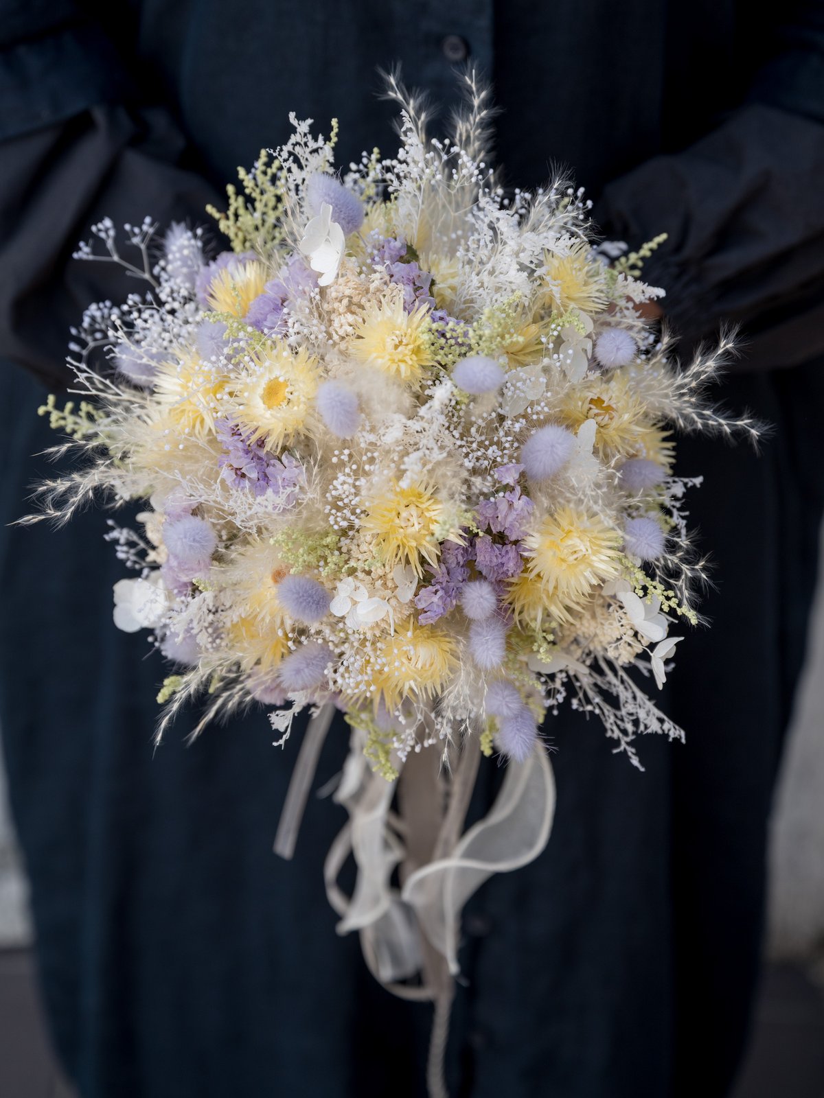 イエローパープルなパステルドライフラワーブーケ（ウェディング・結婚