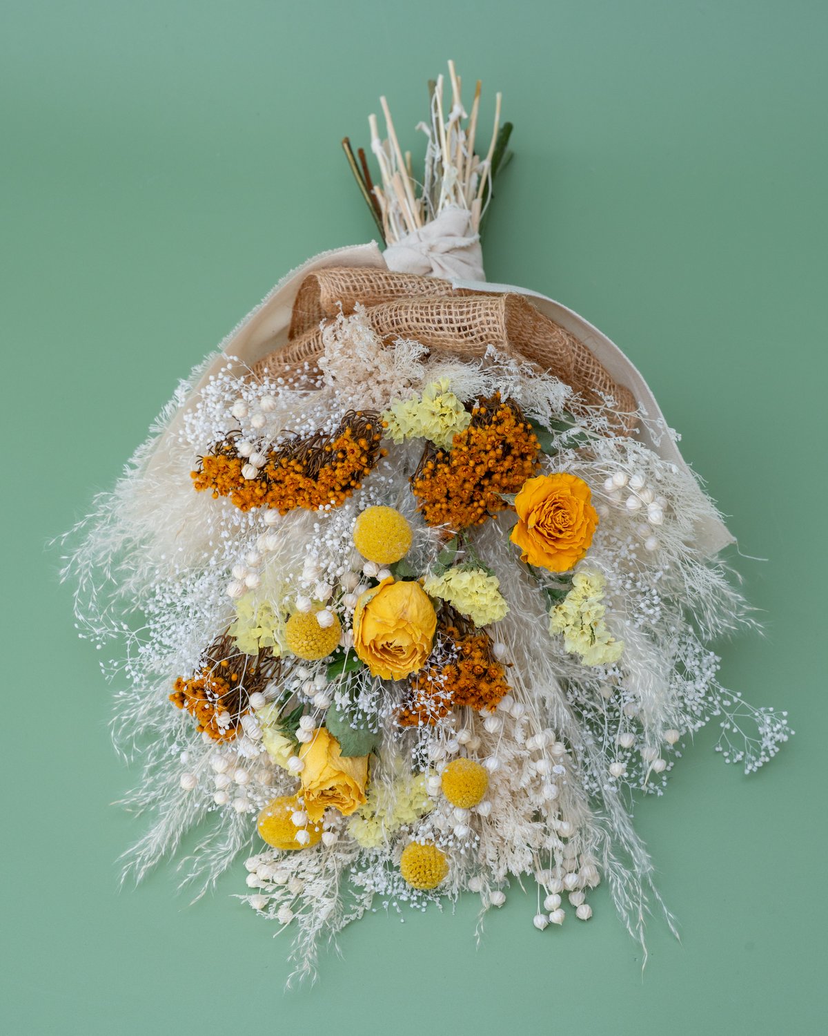 イエローバラ入りドライフラワースワッグ&花瓶花束 