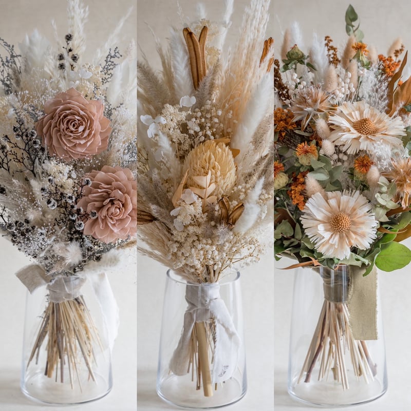 ホワイトベージュ系ドライフラワー花瓶花束【パンパスグラス入り