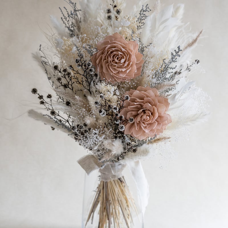 大きなダリアのドライフラワー花瓶花束【パンパスグラス入り