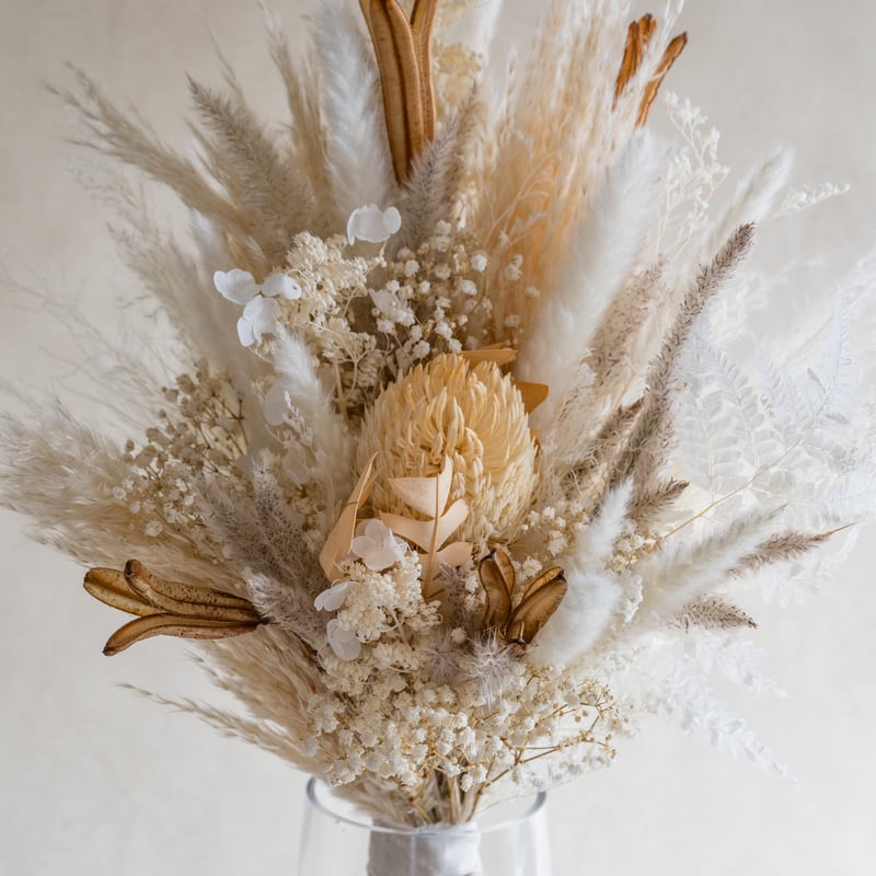 ホワイトベージュ系ドライフラワー花瓶花束【パンパスグラス入り