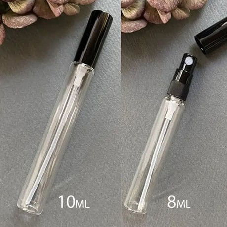 【クリックポスト対応】　８ml ・１０mlロング クリアーアトマイザー　黒プラスチックキャップ／黒スプレーポンプ　日本製 【メンズ　香水　フレグランス　アロマ　調香　漏れない】