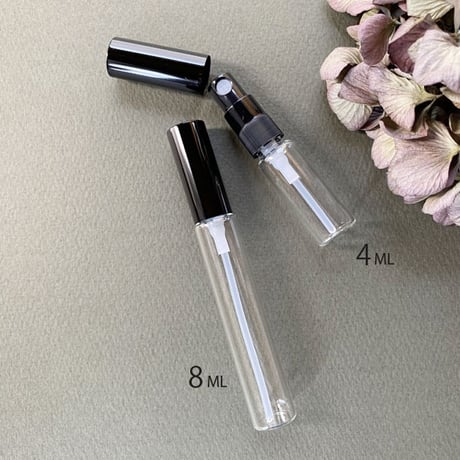 ＜10個以上45%OFF＞４ml クリアーアトマイザー　黒アルミキャップ／黒スプレーポンプ　日本製 【小ロット　香水　フレグランス　アロマ　レッスン　調香　ワークショップ　漏れない】