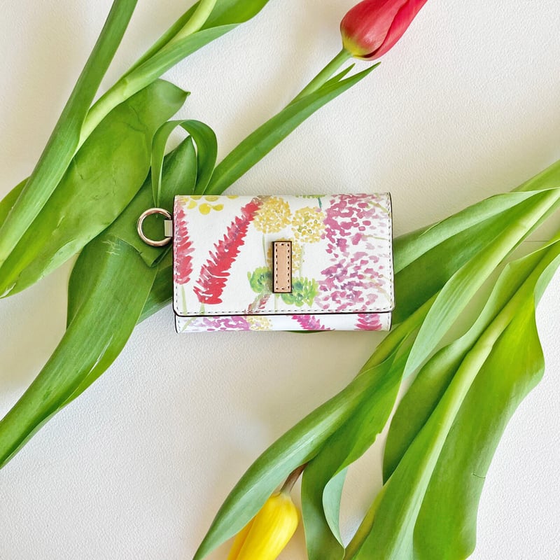 Spring Flowers カードも入る牛革キーケース イエロー ピンク グリーン