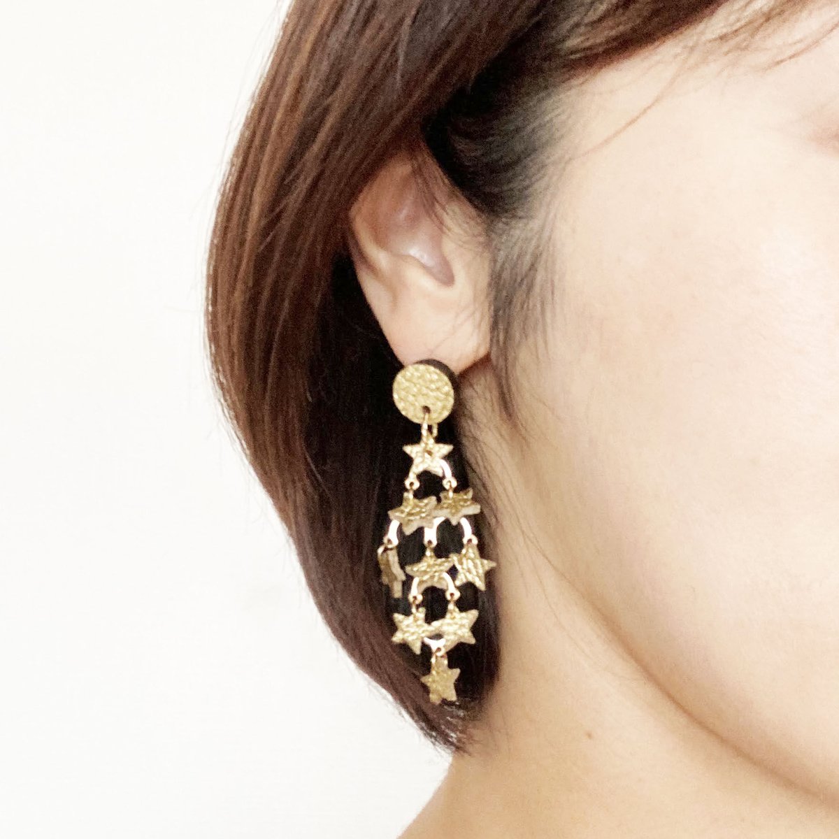 満月と月 Gold 】 牛革の軽いキラキラ星ピアス イヤリング変更可能  