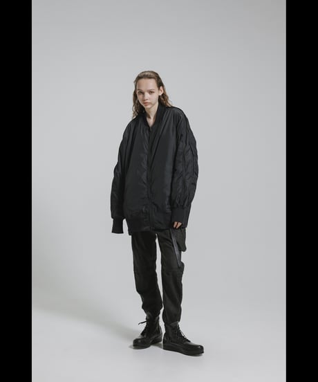 NU-1916  Nylon Taffeta Oversized Bomber Jacket (Detachable Hem Parts) -BLACK