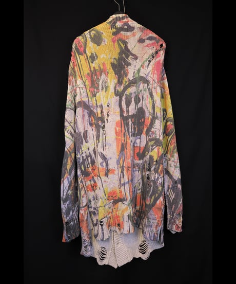 DS-328  Inkjet Print Cotton 3GG Damage Knit Cardigan