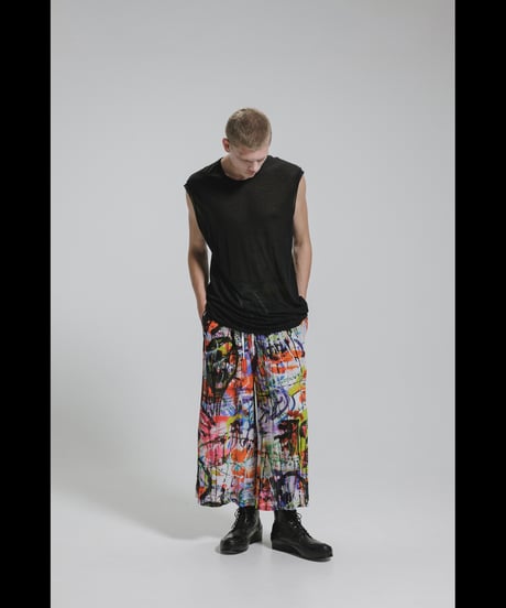 DS-336  Rayon Chiffon Inkjet Print Wide Leg Easy Cropped Pants