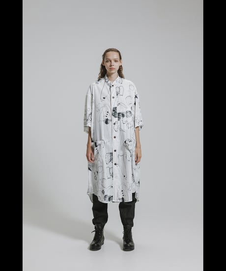 DS-330  Cotton Twill Inkjet Print Short Sleeve Big Shirt / Dress