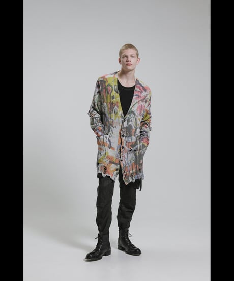 DS-328  Inkjet Print Cotton 3GG Damage Knit Cardigan
