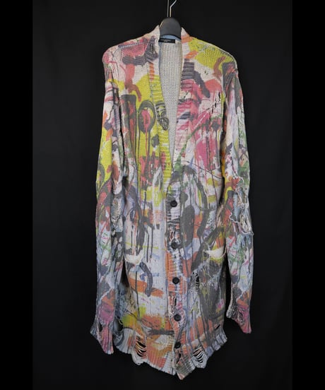 DS-328  Inkjet Print Cotton 3GG Damage Knit Cardigan
