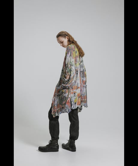 DS-328  Inkjet Print Cotton 3GG Damage Knit Cardigan