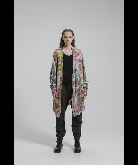 DS-328  Inkjet Print Cotton 3GG Damage Knit Cardigan