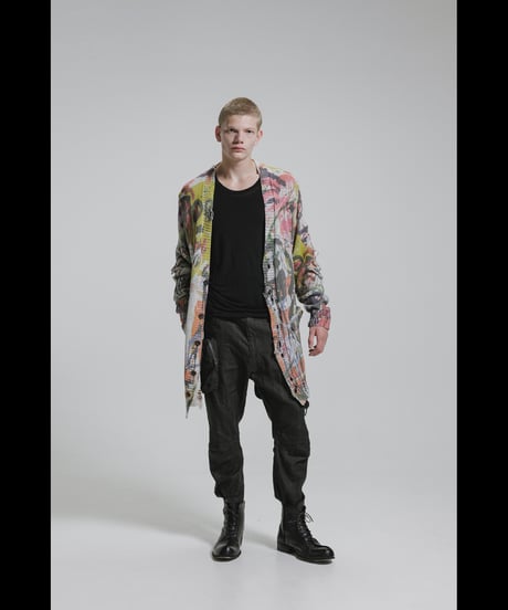 DS-328  Inkjet Print Cotton 3GG Damage Knit Cardigan