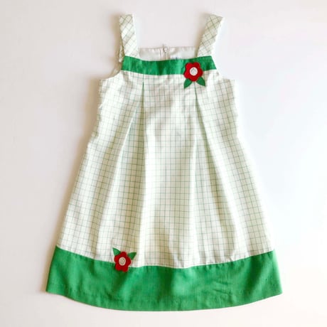 70s flower green plaid dress / 6years