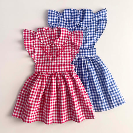 RKO_Checkered Dress with Embroidery (Red,Blue) / 3-4,4-5,5-6,6-7years