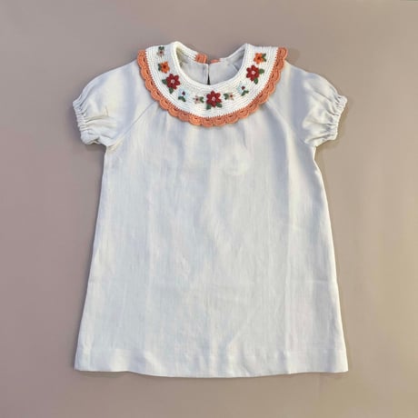 RKO_Linen Dress with Embroidered Reverse Collar (Beige,Green) / 3-4,4-5,5-6,6-7years