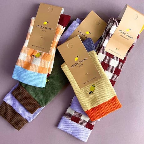 Sticky Lemon_socks (gingham,colourblocking) / 13-14.6,15.2-16.8cm
