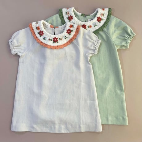 RKO_Linen Dress with Embroidered Reverse Collar (Beige,Green) / 3-4,4-5,5-6,6-7years
