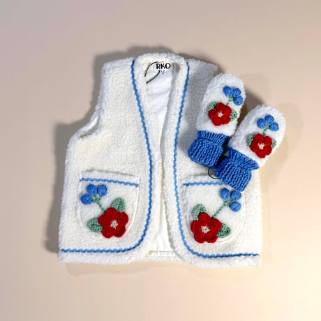 RKO_Floral Fluffy Mittens (WHITE/BLUE) / 1-2,3-4years