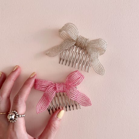 La Fleur Perlélite_Bow Hair Comb (Pink,Orange Sorbet)
