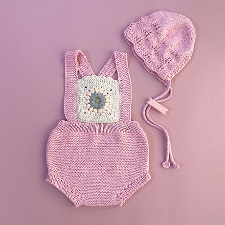 RKO_Romper with Flower Crochet (Peach,Pink,Grey) / 3-6,6-9,9-12months