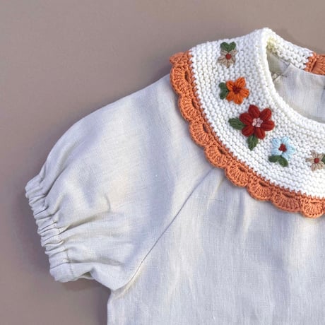 RKO_Linen Dress with Embroidered Reverse Collar (Beige,Green) / 3-4,4-5,5-6,6-7years