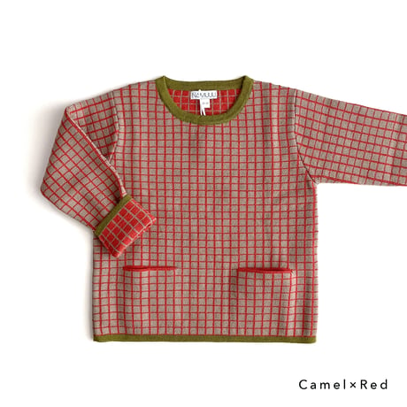 NAMUUU_WINDOWPANE CREWNECK (Camel×Red/Sea Green×Olive) / 2-3years,4-5years