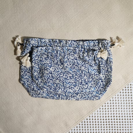 Bamboo Silk Printed Drawstring Bag (Mini Nerium-Blue  / 2sizes)