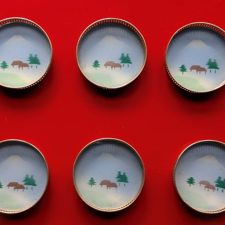 【アンティーク】 戦前〜昭和初期 富士山風景画 金属縁ガラスコースター 6客セット