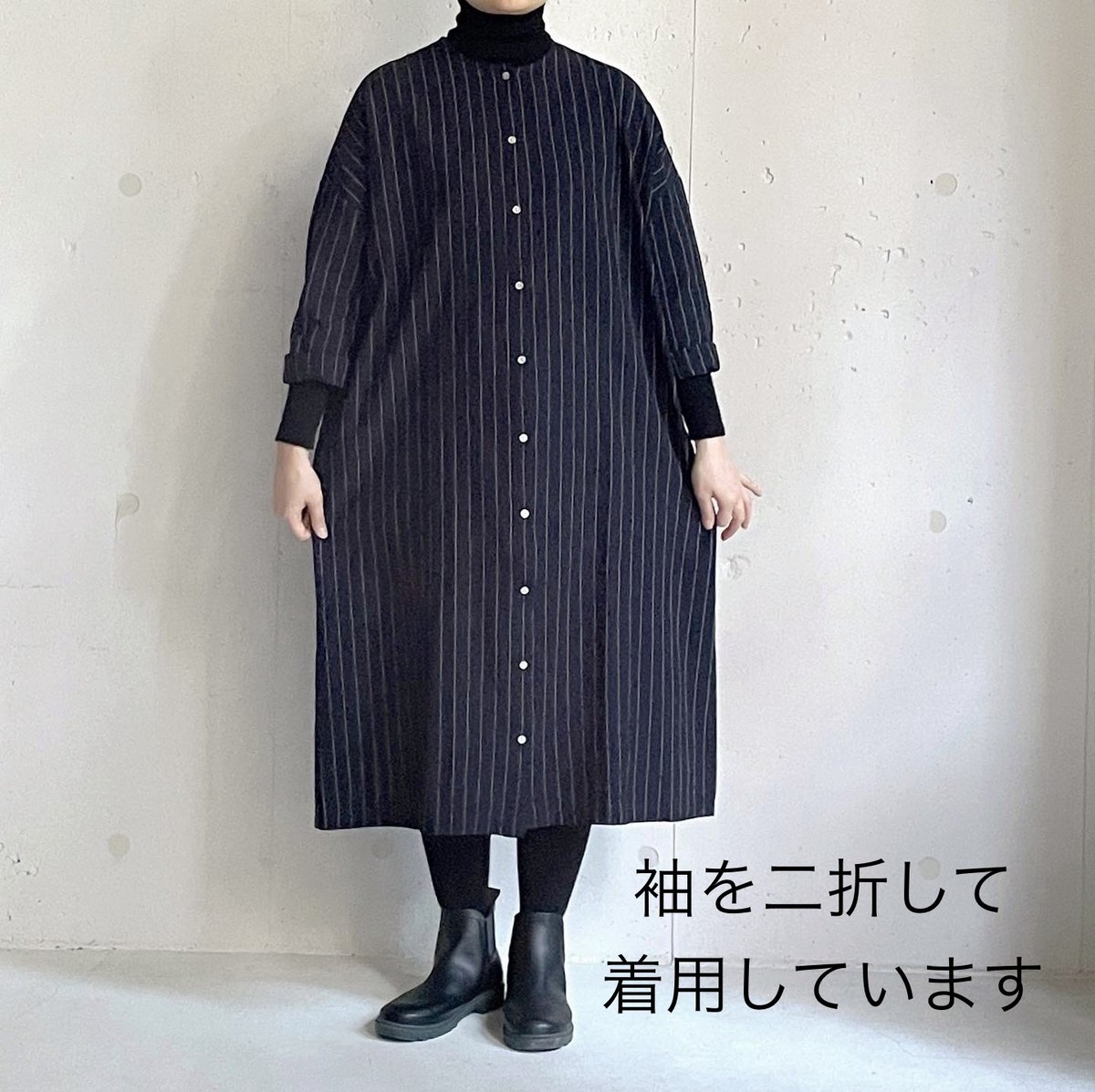 YAMMA 丸首ボタンワンピース/会津木綿/袖丈+20㎝ | zakkayaline YAMMA 丸首ボタンワンピース/会津木綿/袖丈+20㎝ | zakkayaline