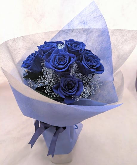プリザーブドフラワー青い薔薇11本とブルーかすみ草の花束／奇跡．神の祝福．夢かなう／花束スタンド購入選択可