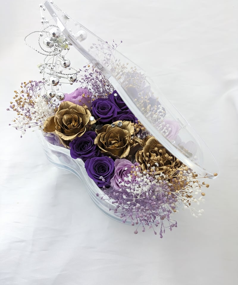 紫のバラ プリザーブドフラワー真鍮アレンジメント　ギフトケース入り 紫のバラ プリザーブドフラワー真鍮アレンジメント ギフトケース入り