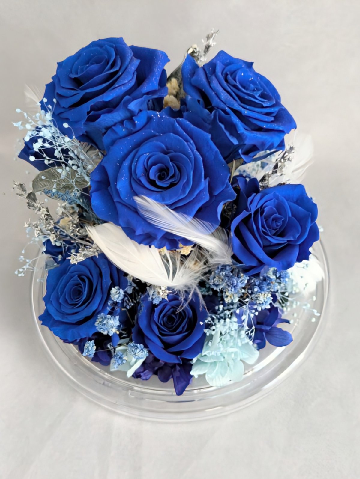 プリザーブドフラワー／青い薔薇11輪のラウンドドームギフト小花と白い