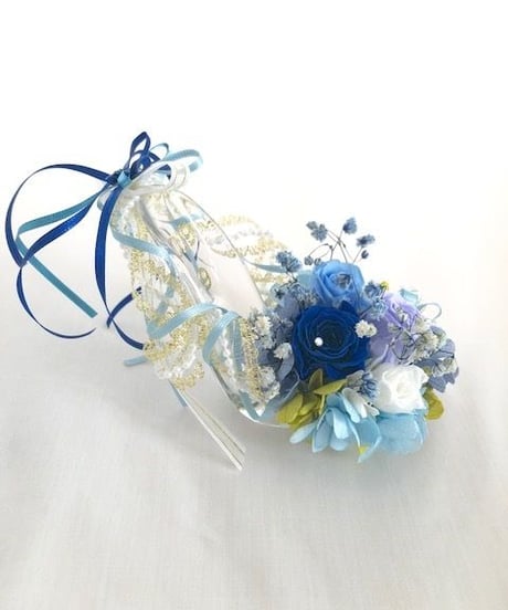 【プリザーブドフラワー／ガラスの靴ミニシリーズ】ブルーのミニ薔薇リボンのガラスの靴
