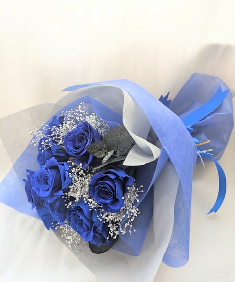 プリザーブドフラワー青い薔薇11本とかすみ草の花束／奇跡．神の祝福．夢かなう