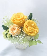 プリザーブドフラワー黄色とパステルオレンジローズ、小花のアレンジ【フラワーケースリボンラッピングつき】